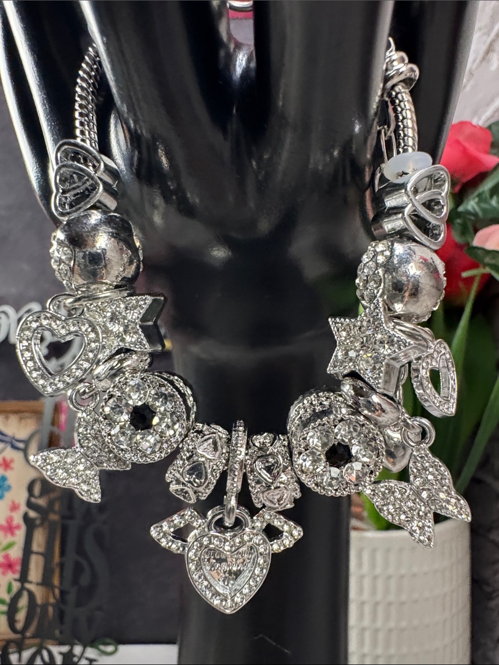Silver Crystal Heart Charm Bracelet - Women Jewelry